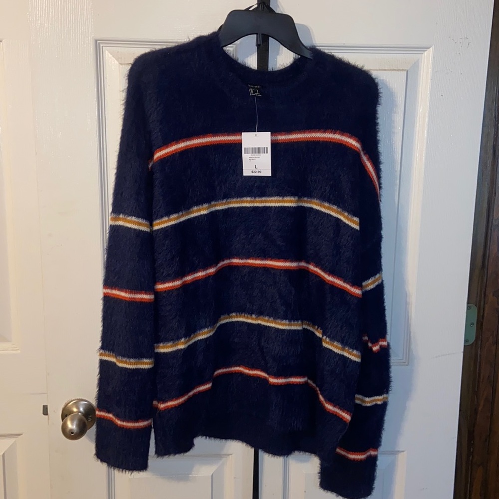 Navy with Orange and mustard striped sweater